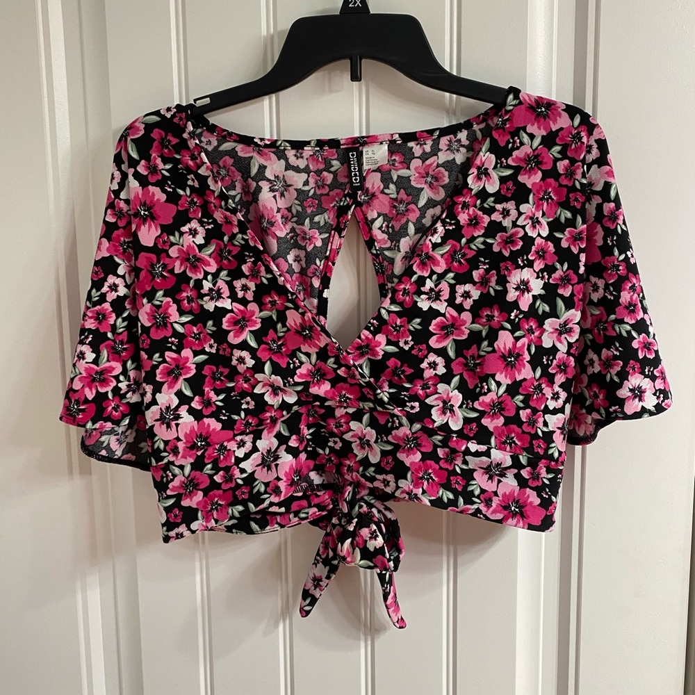 Pink and Black Flowered Crop Top